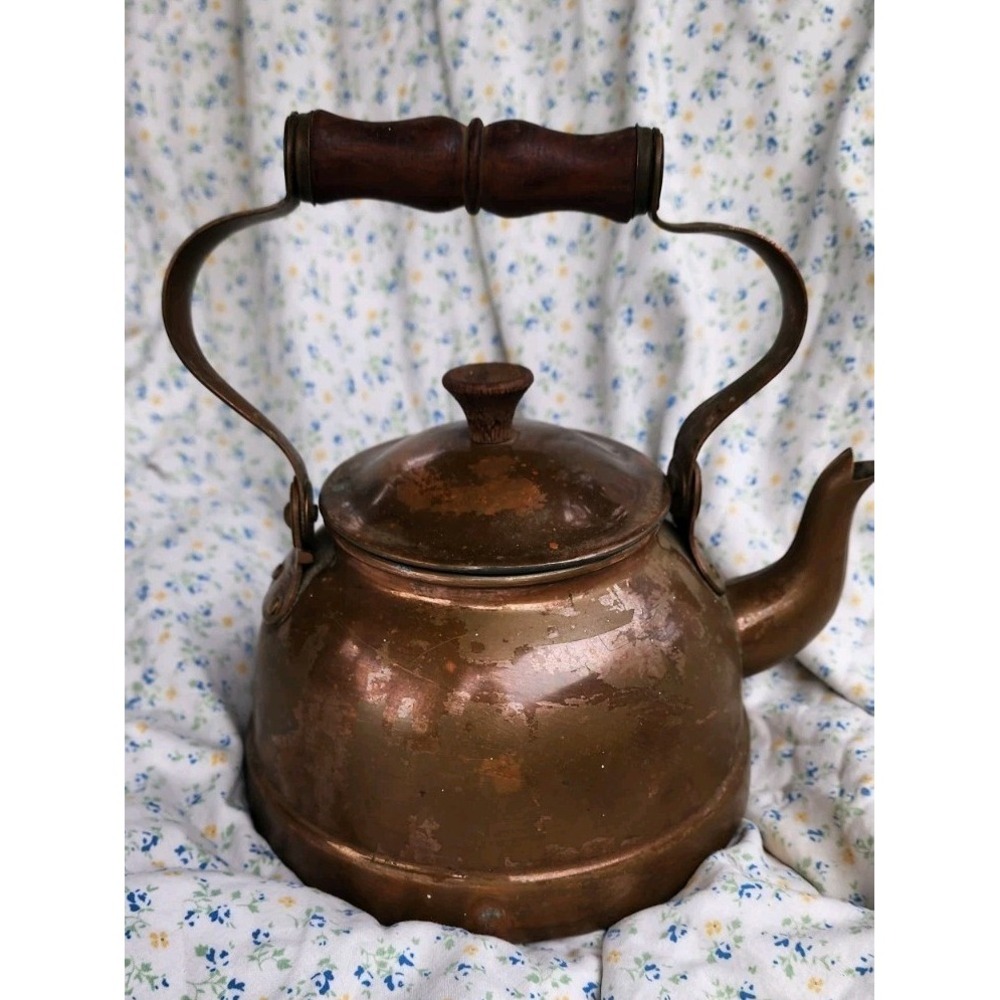 Vtg ODT Copper Tea Kettle Wood Handle W Lid Knob Tin Lined Portugal MCM Cottagec